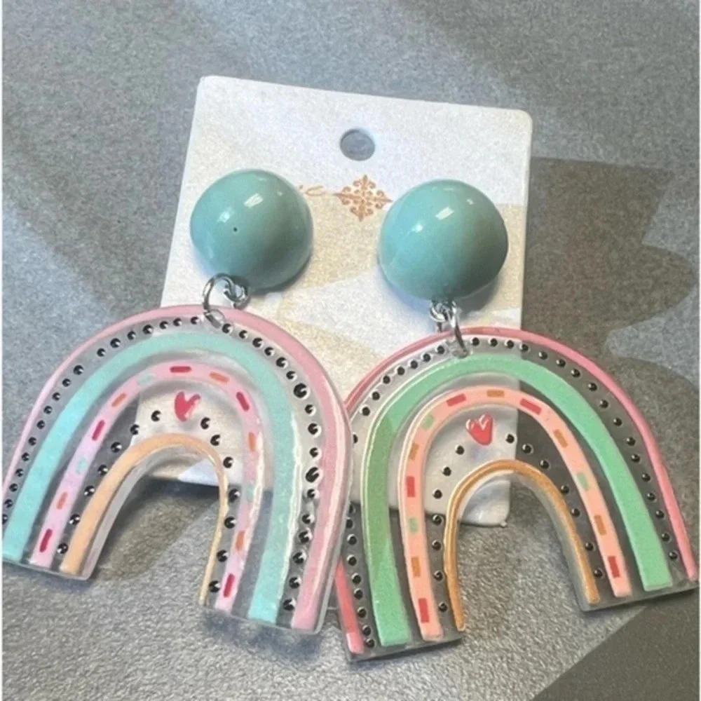 Good Vibes Only Pastel Retro Rainbow Dangle Earrings